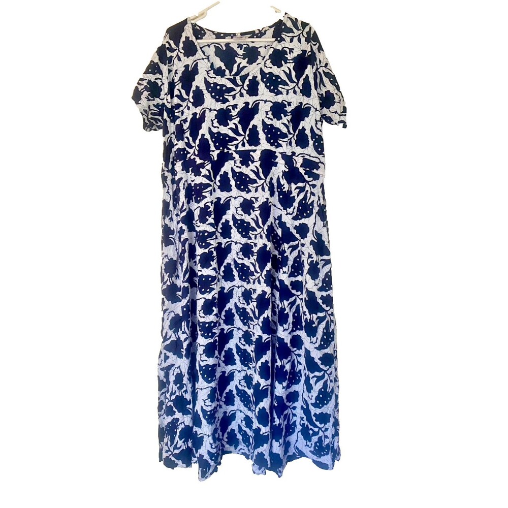 Las Manos 100% Rayon Indonesia Hippie Boho Navy Blue & White Tie Maxi Dress  1x